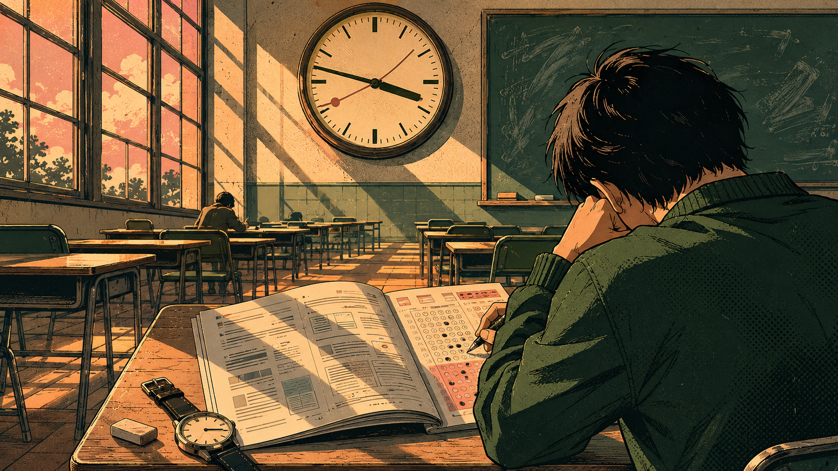 A vintage anime view from over the shoulder of a single JLPT mock-test candidate in a Showa-era classroom on a Sunday afternoon. The candidate, in a deep matcha-green sweater, sits with their pencil hovering over a half-finished reading passage and a bubble answer sheet. On the far wall, a large round analog clock with a dusty-rose second hand reads 3:47. Late-afternoon sun streams through tall windows on the left, throwing long shadows across the wooden floor and the receding rows of desks.