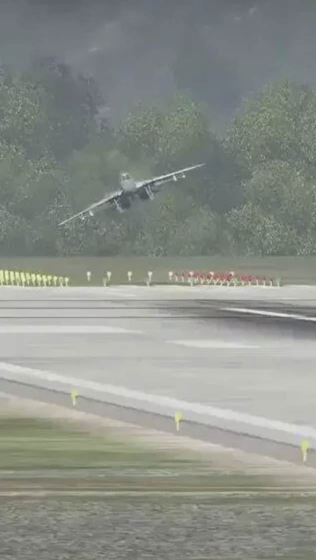 A fighter jet skidding across a runway in a shower of sparks before the pilot ejects, footage that actually comes from a combat flight simulation video game