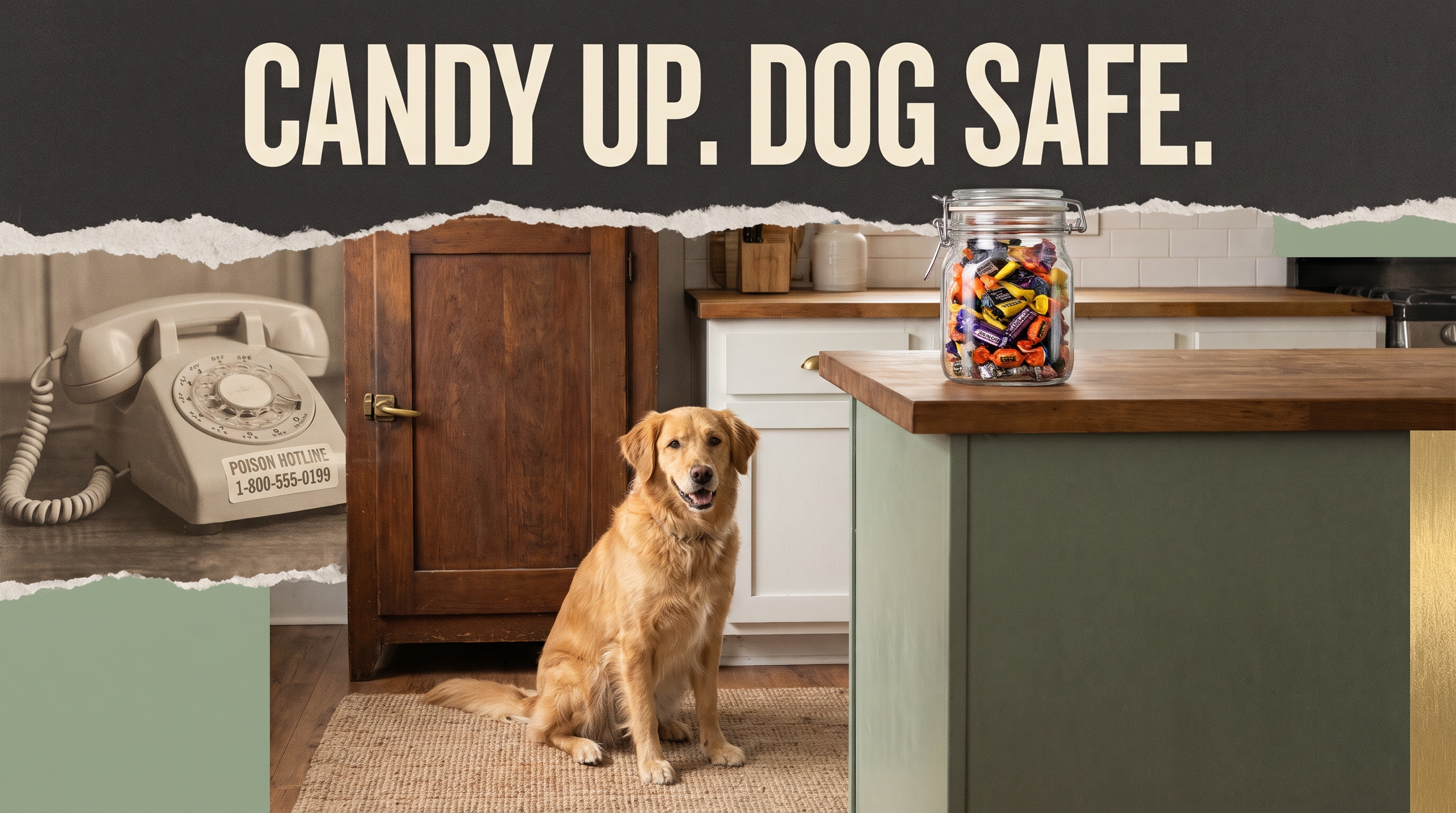 Illustrative documentary collage: Friendly family dog near closed kitchen cupboard, wrapped Halloween candy safely high on counter in sealed container, faded 1970s telephone poison hotline background, no distressed animal.
