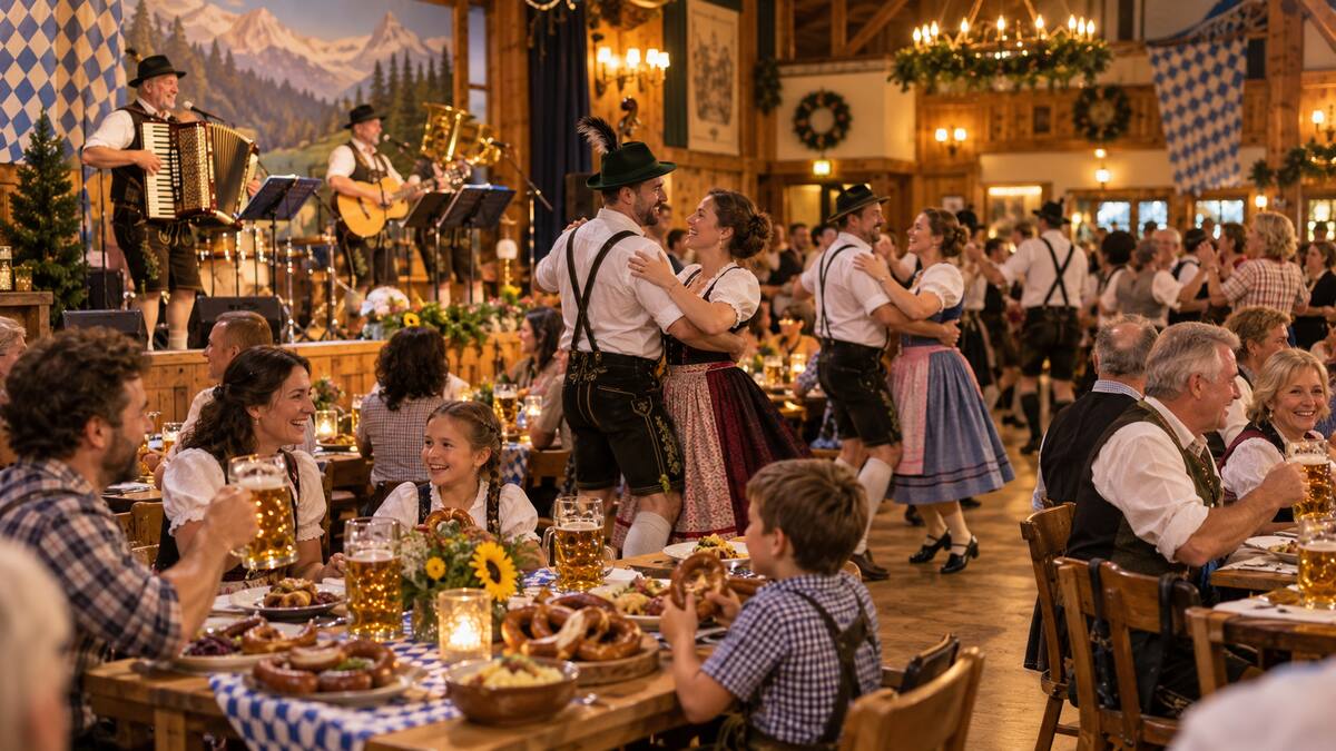 Guests enjoying German food live music and dancing at an Oktoberfest celebration in Richmond