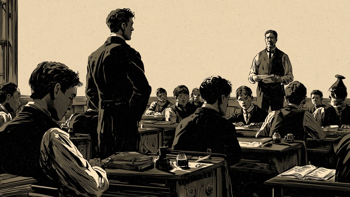 Black-and-white photograph of a classroom from the early twentieth century
