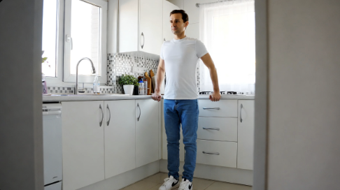 Man standing and slowly raising heels for calf pumps