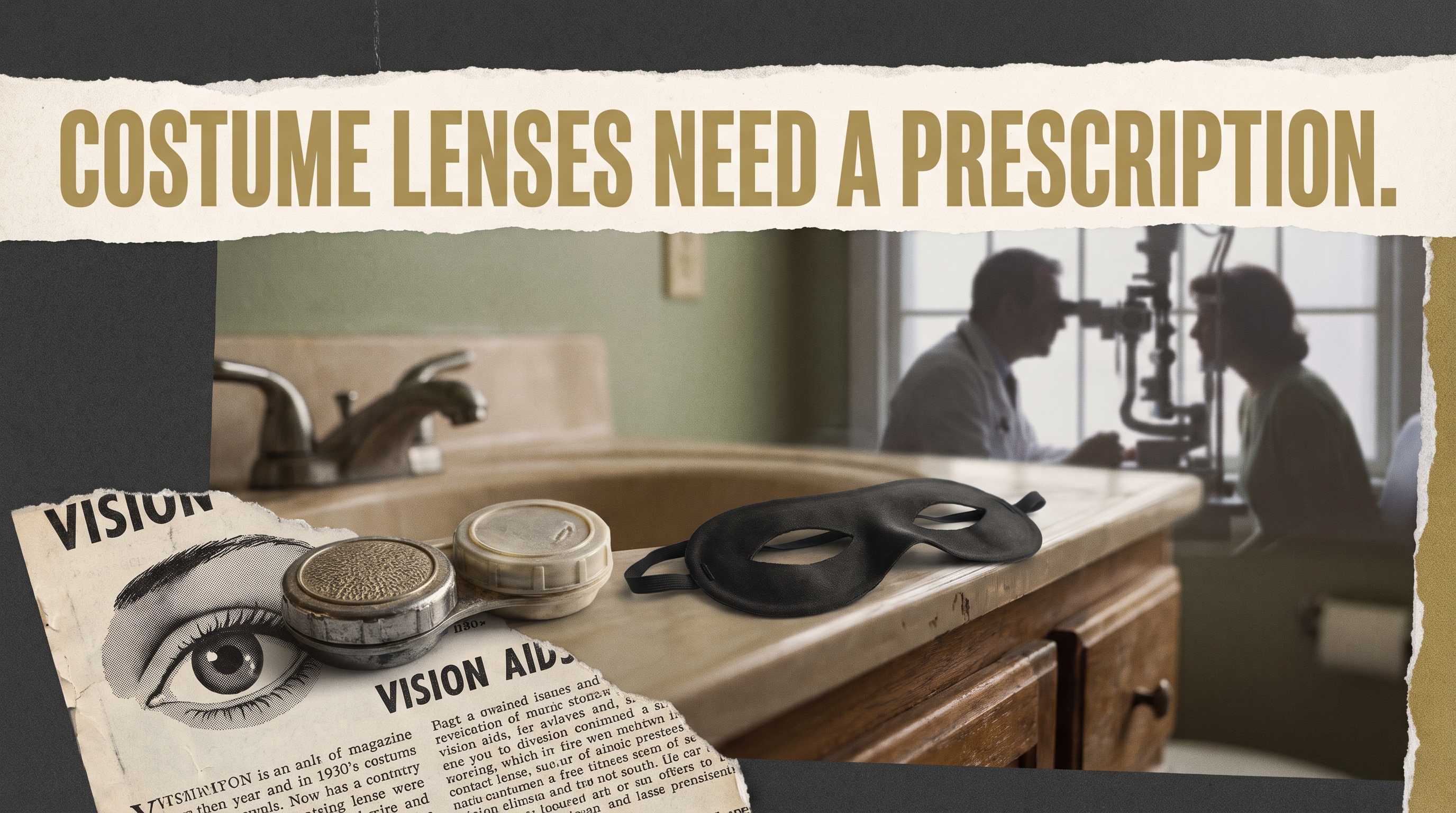 Illustrative documentary collage: Unopened decorative contact lens case beside simple costume mask on bathroom counter, faded 1930s cosmetic advertisement and careful eye examination silhouette, no gore, no branded bottles.