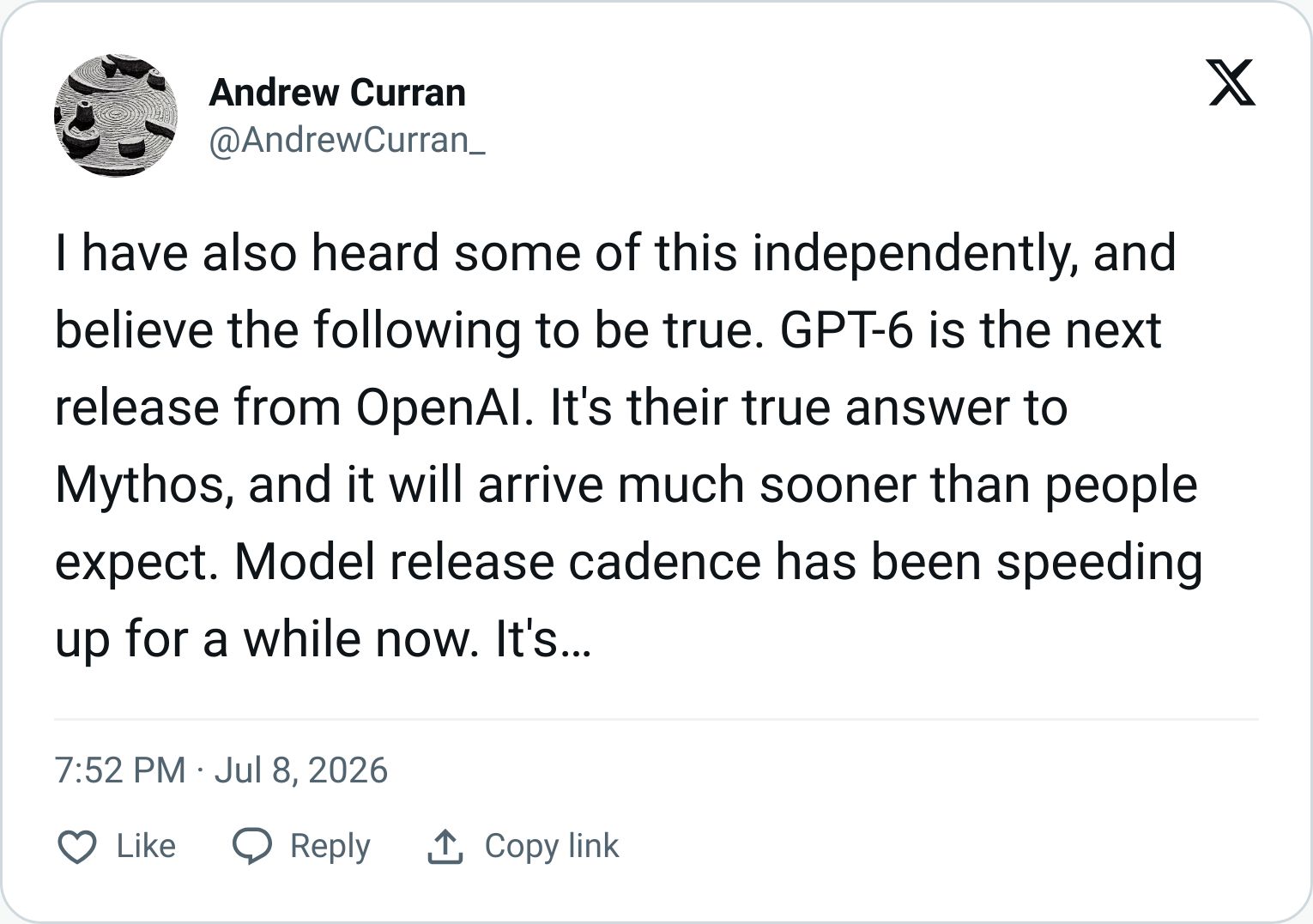 Andrew Curran tweet about GPT-6 timing rumors