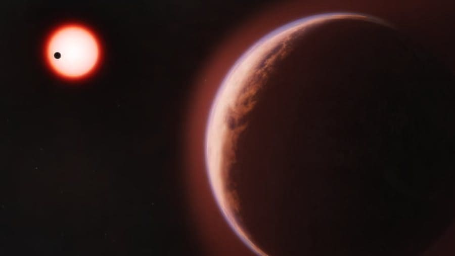 Artist's impression of exoplanet LHS 1140b and its red dwarf star