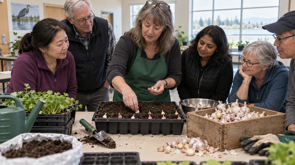 An instructor showing adults how to plant garlic at a community gardening workshop in Delta