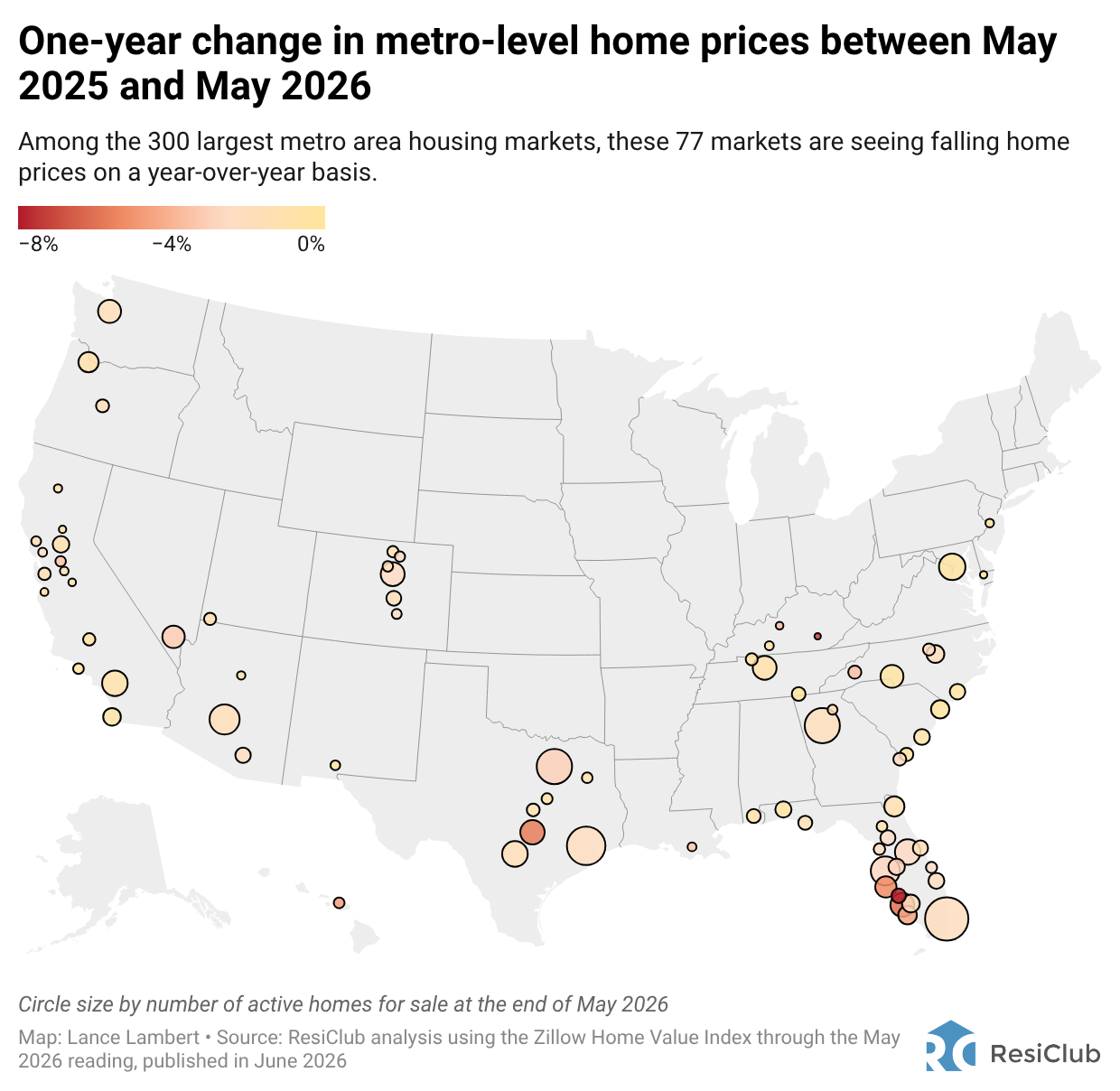 The 77 major housing markets with year-over-year home price declines—and the 223 posting mild gains