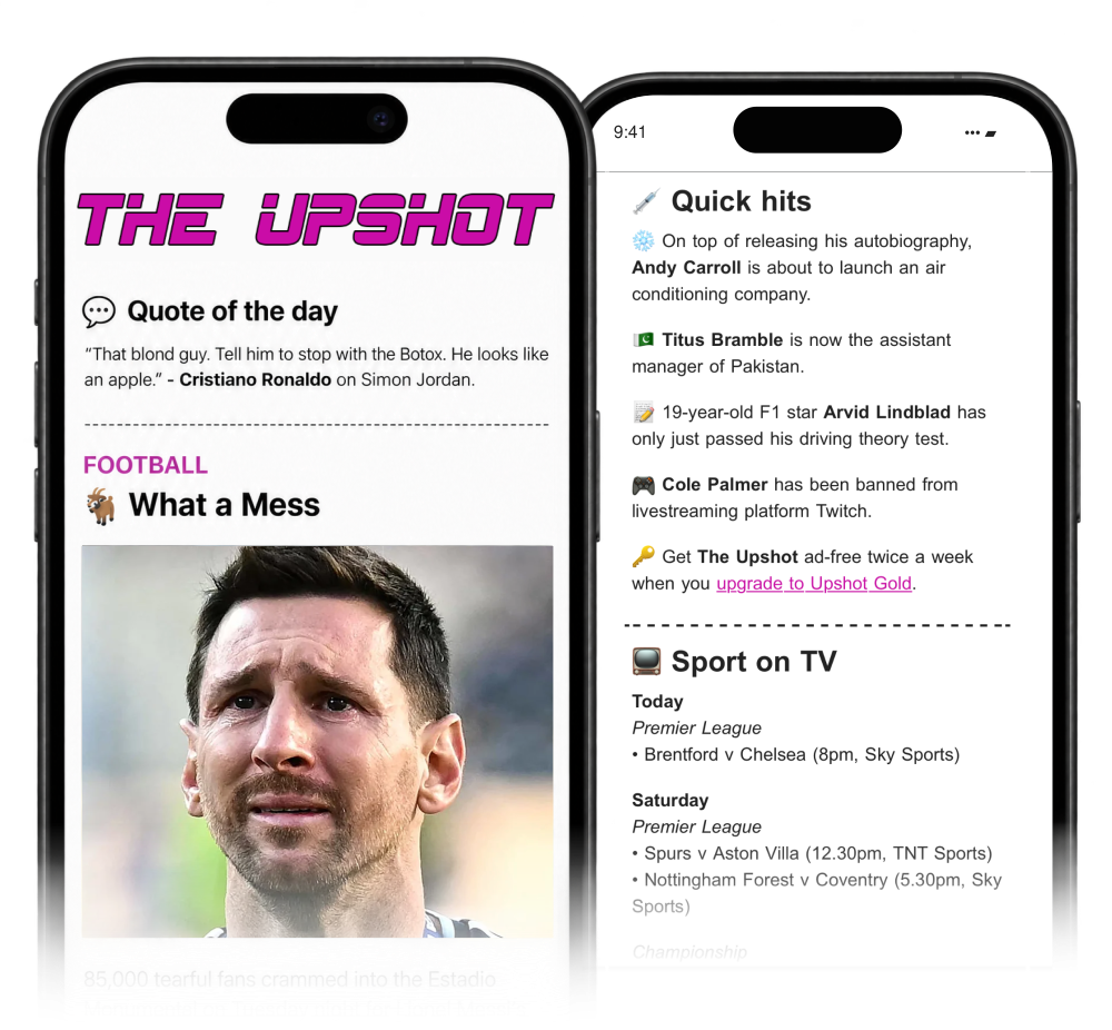 Two previews of The Upshot newsletter in black phones