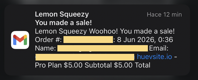 notificación de lemonsqueezy: nueva sub pro de $5 en huevsite.io