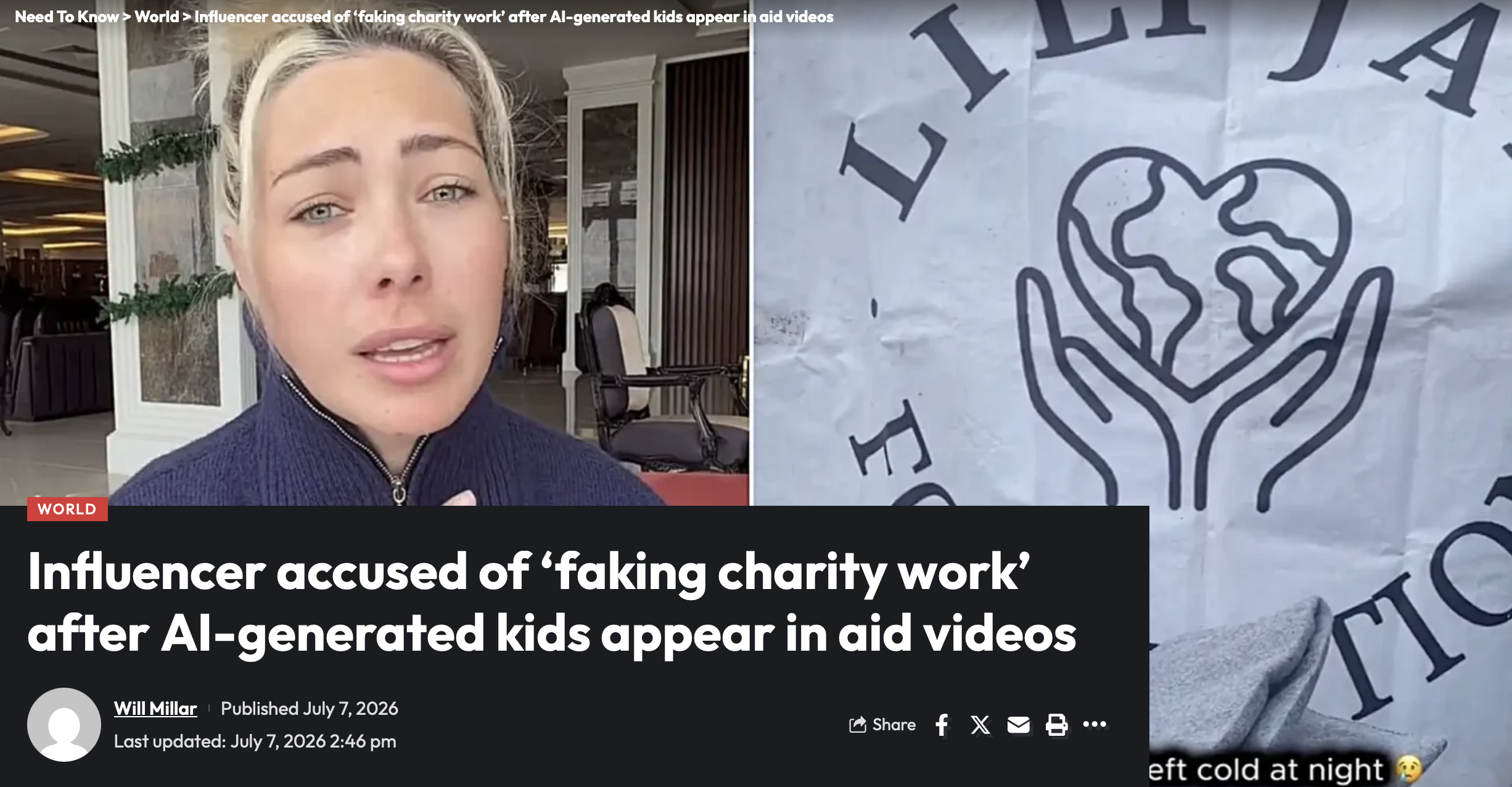 Lily Jay surrounded by AI-generated children holding lollipops in front of a banner that doesn't exist