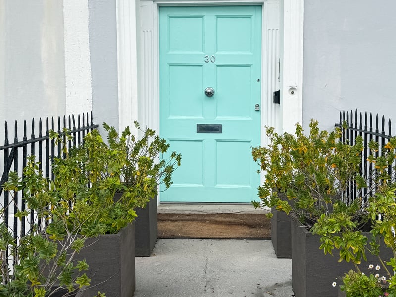 Grey planters with green foliage frame a mint-green front door and a clear central path.
