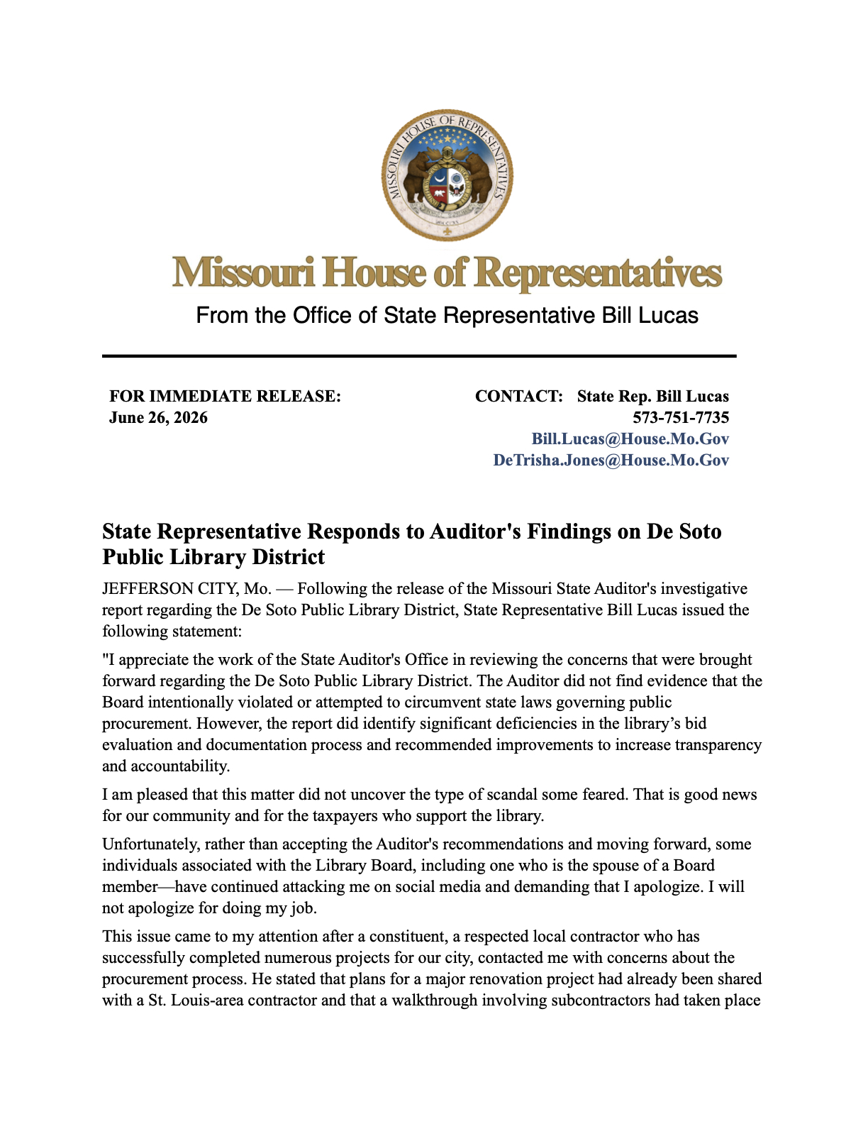State Rep. Bill Lucas office response page one
