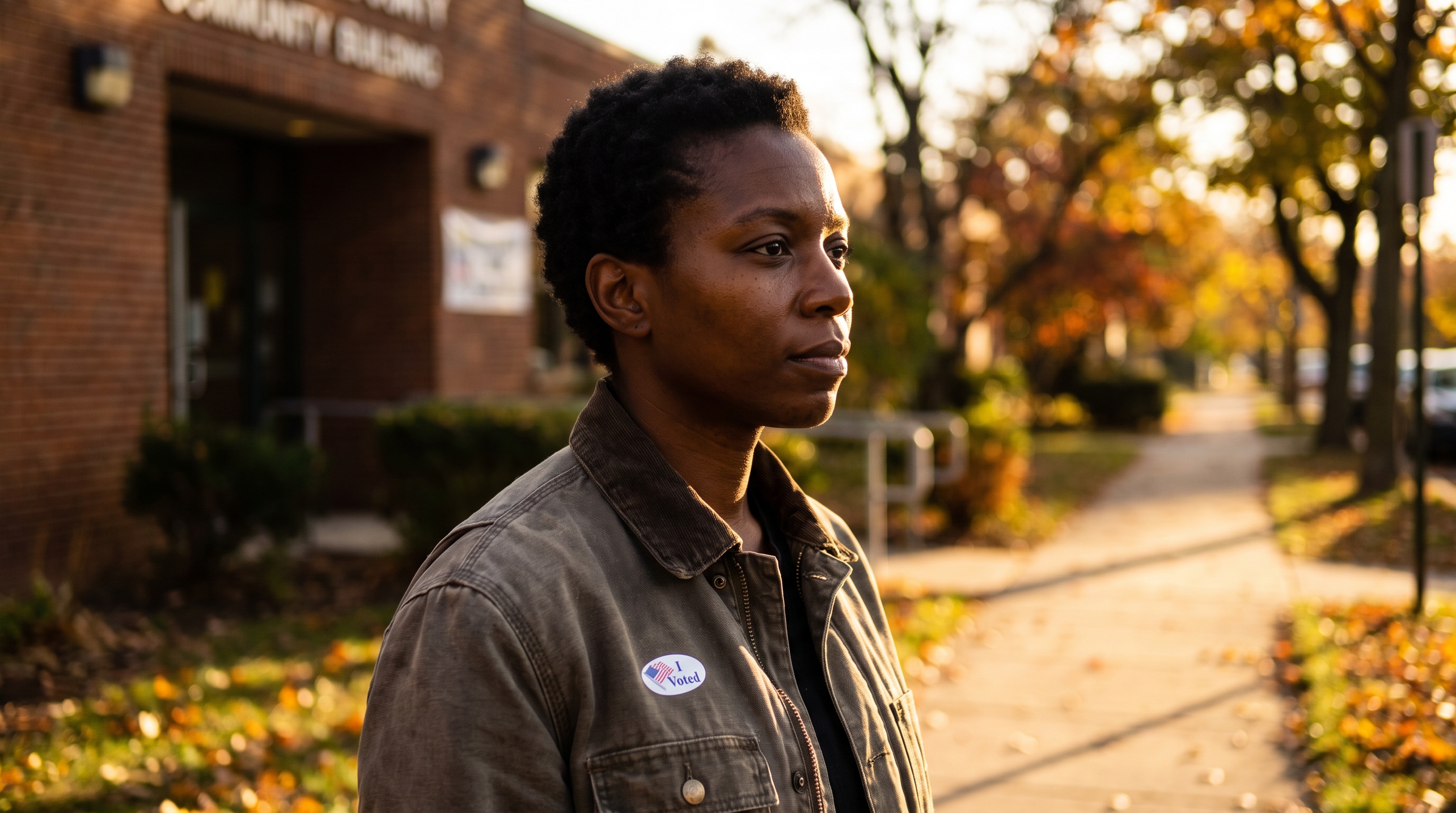 Black voter proudly wearing an I Voted sticker in warm autumn light