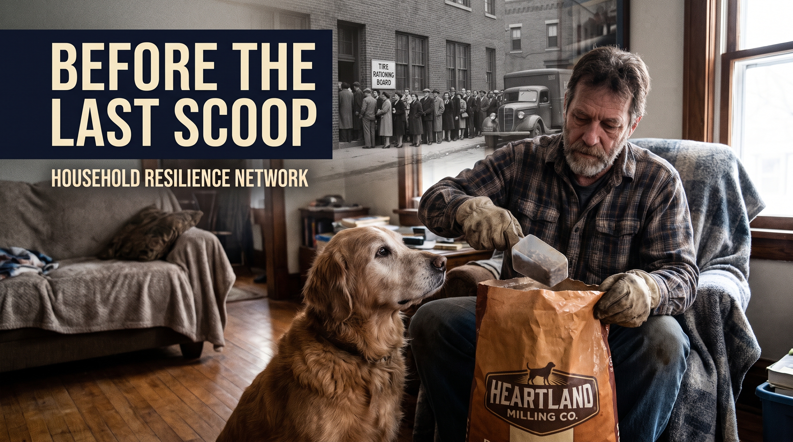 Illustrative documentary-style montage: A man about 55 measuring remaining dog food in its original bag, healthy dog nearby. Background subtle reconstructed monochrome WWII tire ration queue and delivery truck. Modern modest home foreground, practical timing connection.