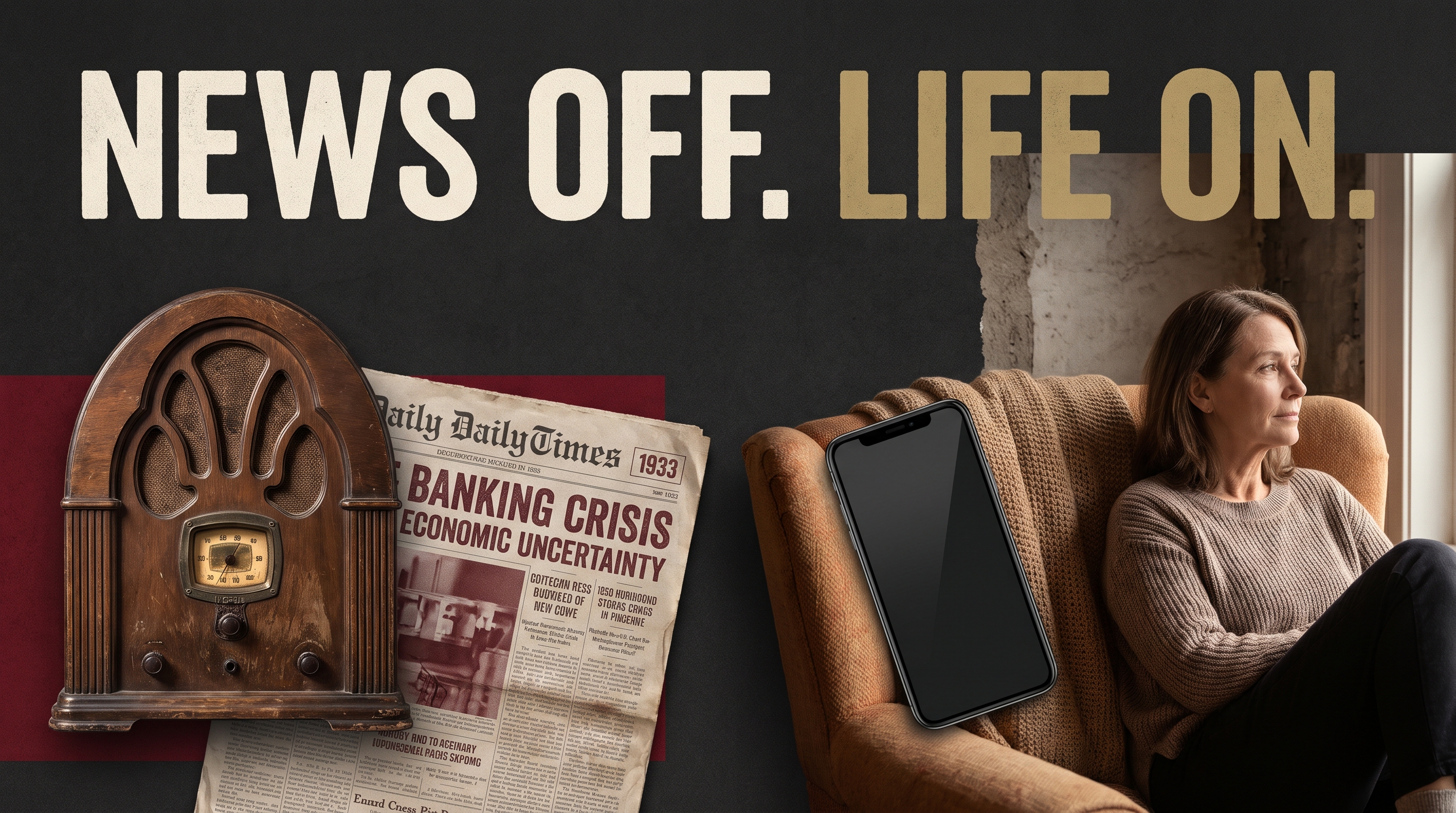 Illustrative documentary collage: 1933 wooden radio and faded banking news sheet on left, modern phone face down and warm living room chair on right; calm woman in her fifties.
