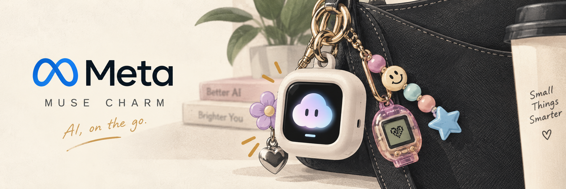 Meta logo with Muse Charm attached to a bag among colorful retro-tech accessories
