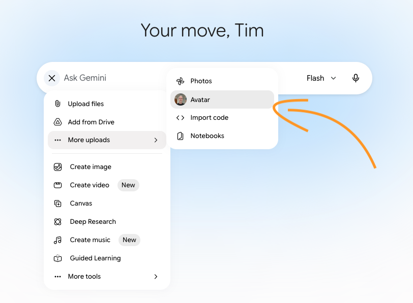 Selecting Avatar in the Gemini Add files menu