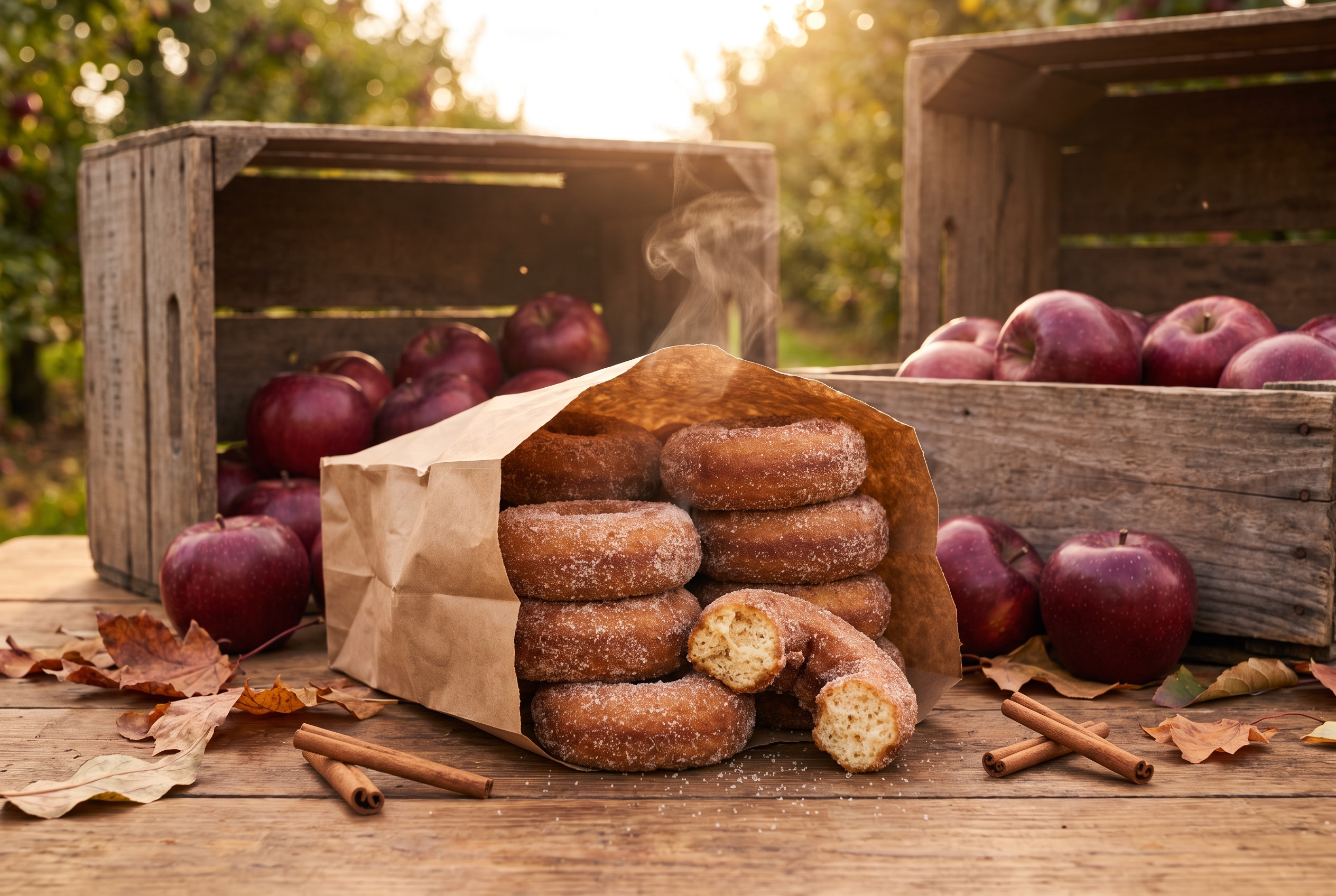 Warm apple cider donuts in a paper bag at an orchard