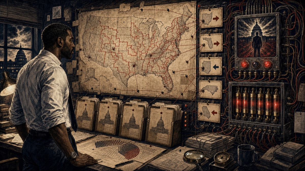 A parchment 2026 race-board map with red district cuts connected to a 2028 control board.