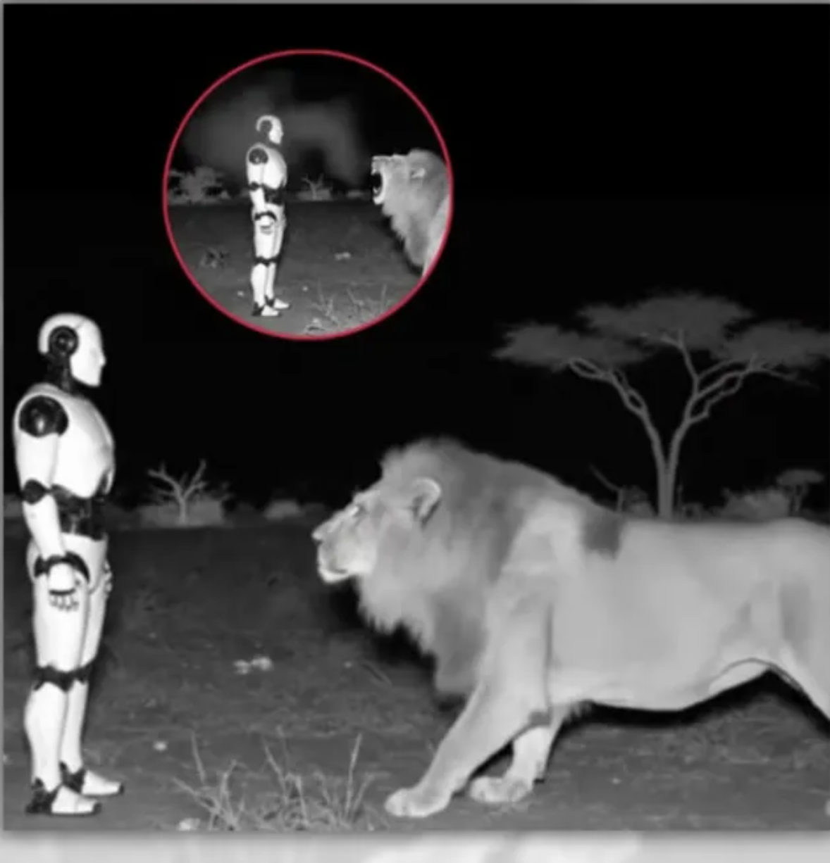 A robot recoiling from a lion in a dramatic encounter, framed as the first documented case of AI developing psychological trauma