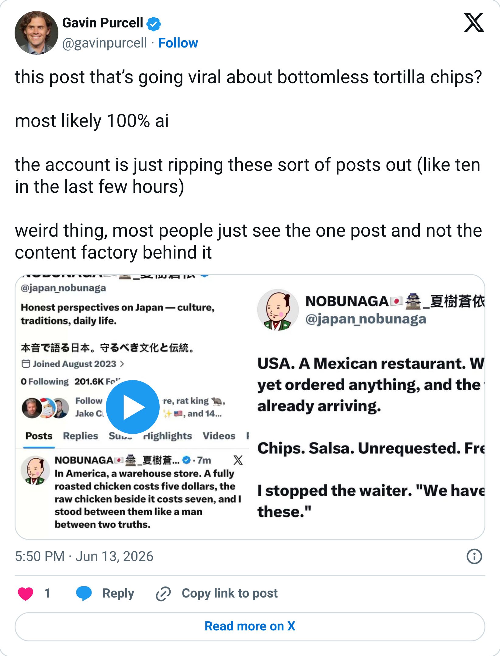 Gavin Purcell tweet about viral AI-written content