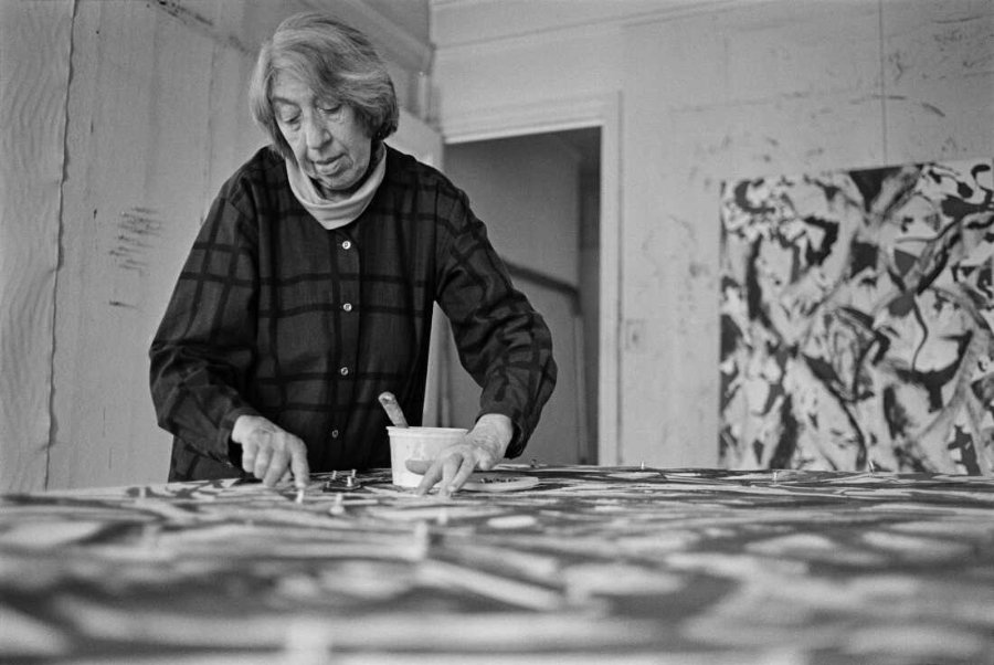 Photograph of Lee Krasner at work in her studio in 1981