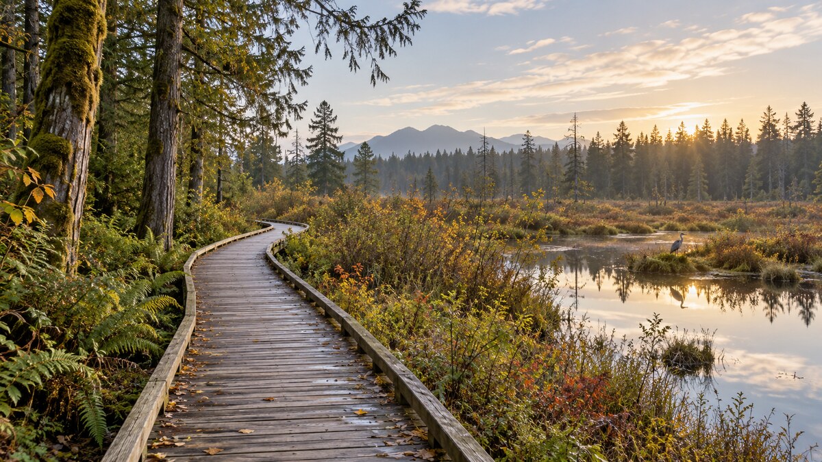 Boardwalk through wetlands and forest at Delta Nature Reserve beside Burns Bog in North Delta BC
