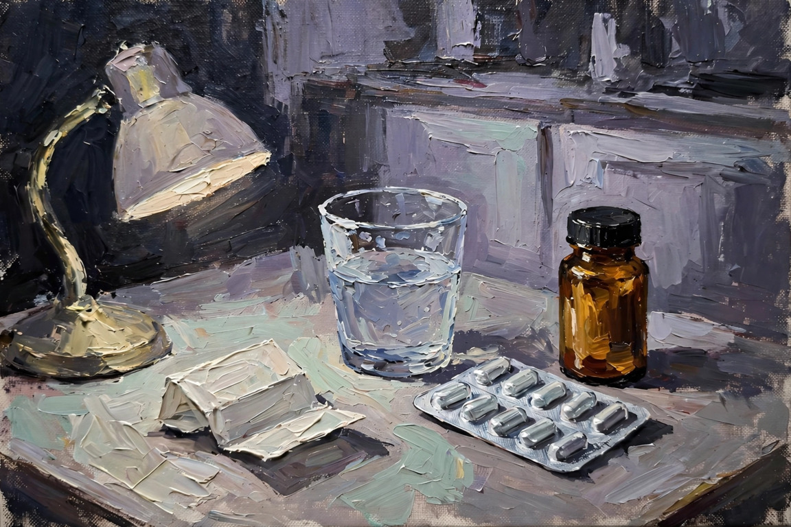 An oil painting of a kitchen table late at night: a small pill bottle, an unopened blister pack, a half-drunk glass of water and a folded pharmacy slip under a single lamp.