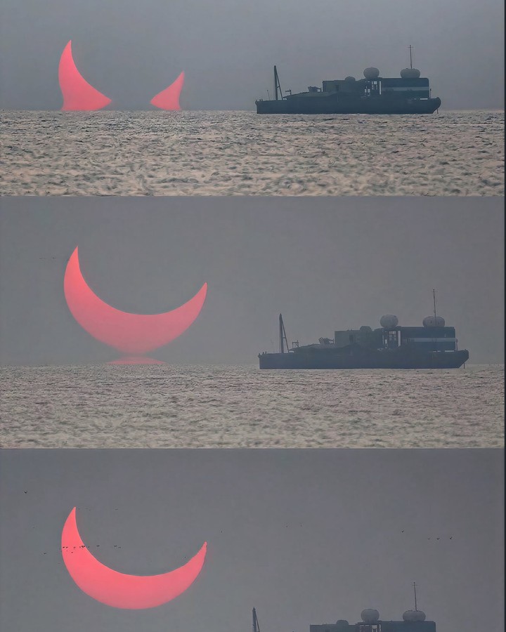 Three photographs of a partially eclipsed sun rising in a red crescent over the sea