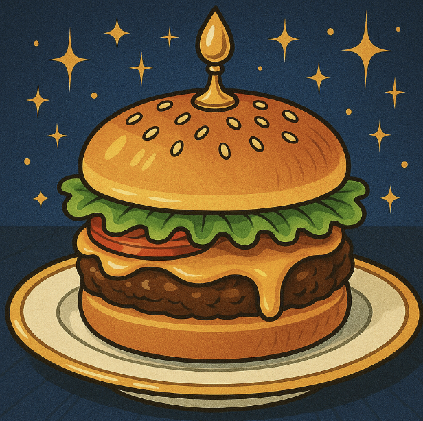 A luxurious burger on a plate with subtle golden accents, emphasizing exclusivity and high-end ingredients - Vibrant colors, cartoon style with exaggerated content. An art style mix of Family Circus and The Jetsons.