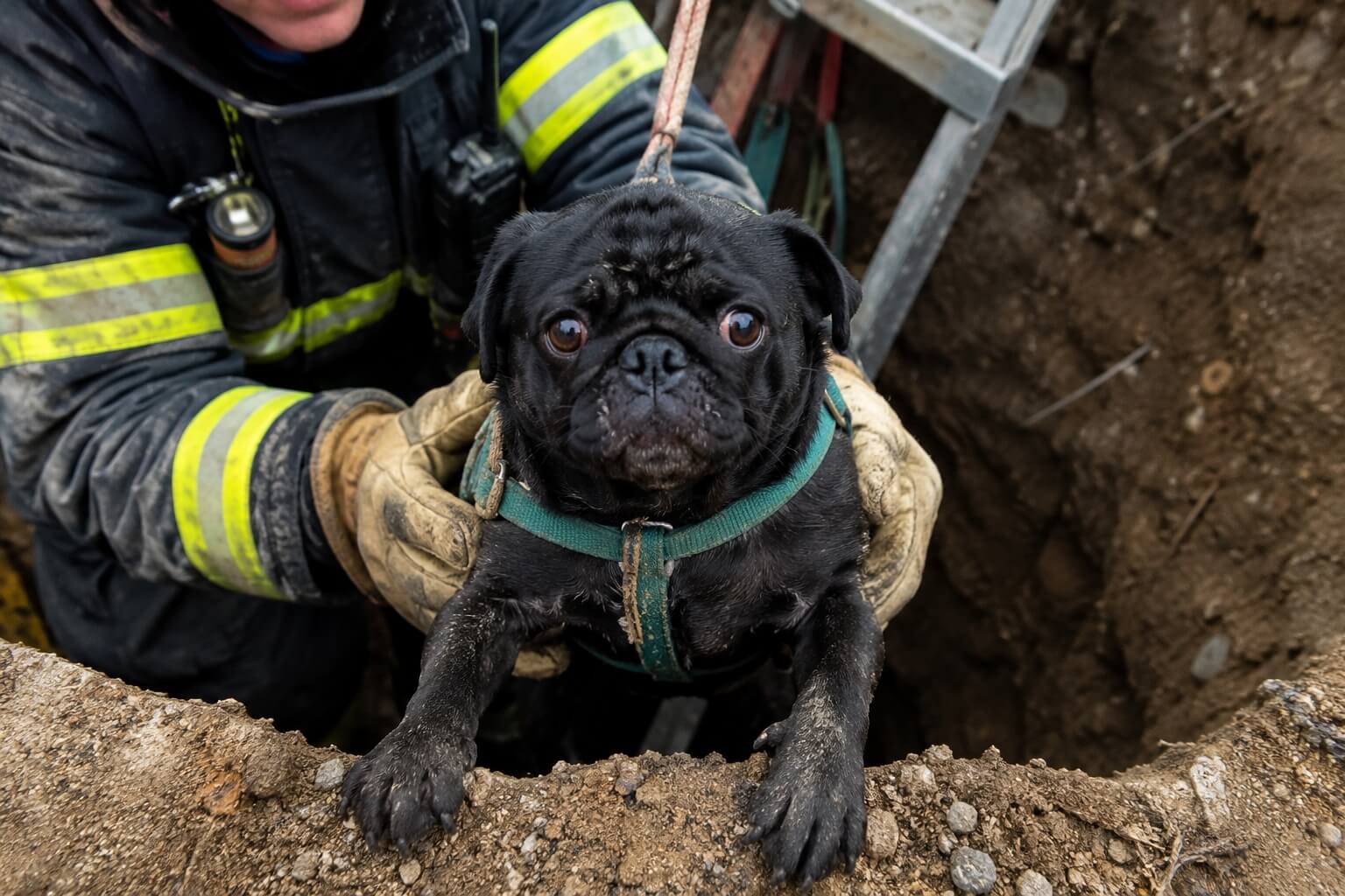 Black pug rescued after being trapped in a deep construction hole in Marin County