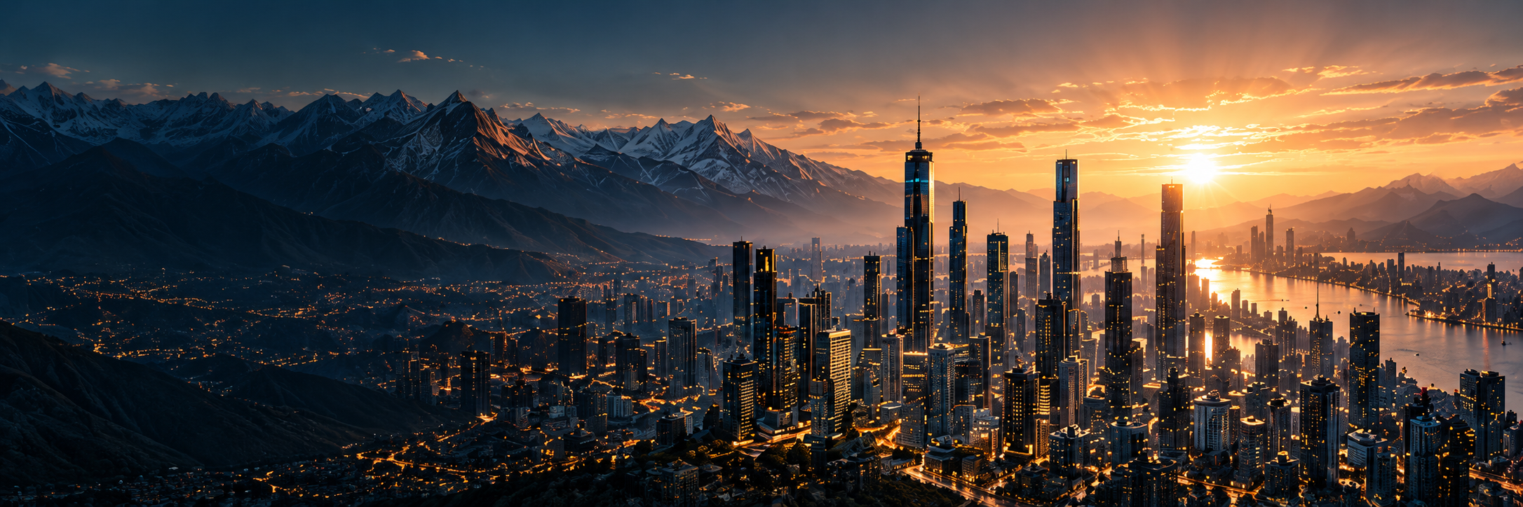 Editorial illustration of a mountain-framed city and lake at dusk