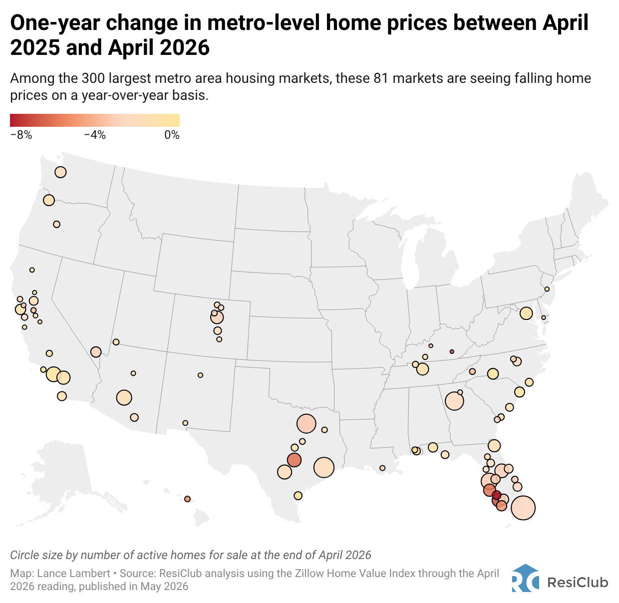 The 81 major housing markets with year-over-year home price declines—and the 219 posting mild gains