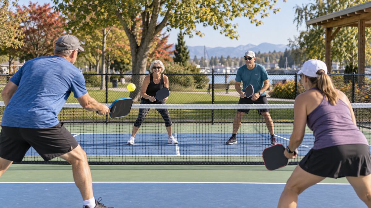 Neighbours playing outdoor pickleball at Cromie Park in Ladner, Delta