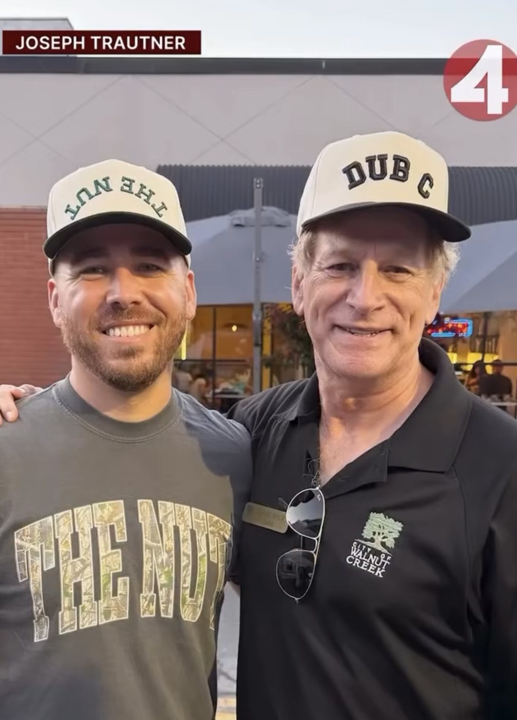 Joseph Trautner of Walnut Creek Spotlight with Mayor Kevin Wilk, both in Walnut Creek hats, as shown on KRON4.