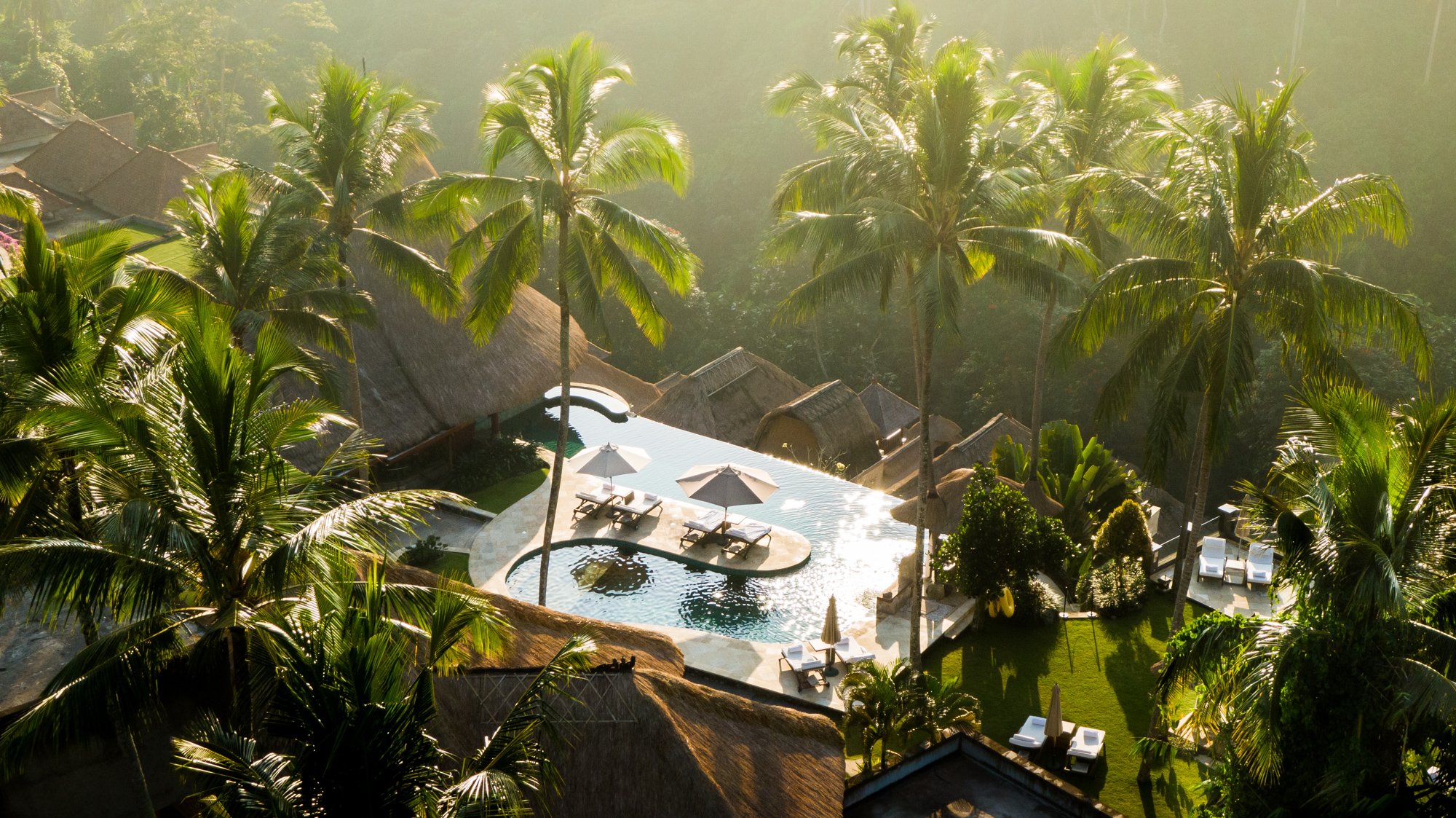 Aerial view of Viceroy Bali's villas and infinity pool in the tropical jungle