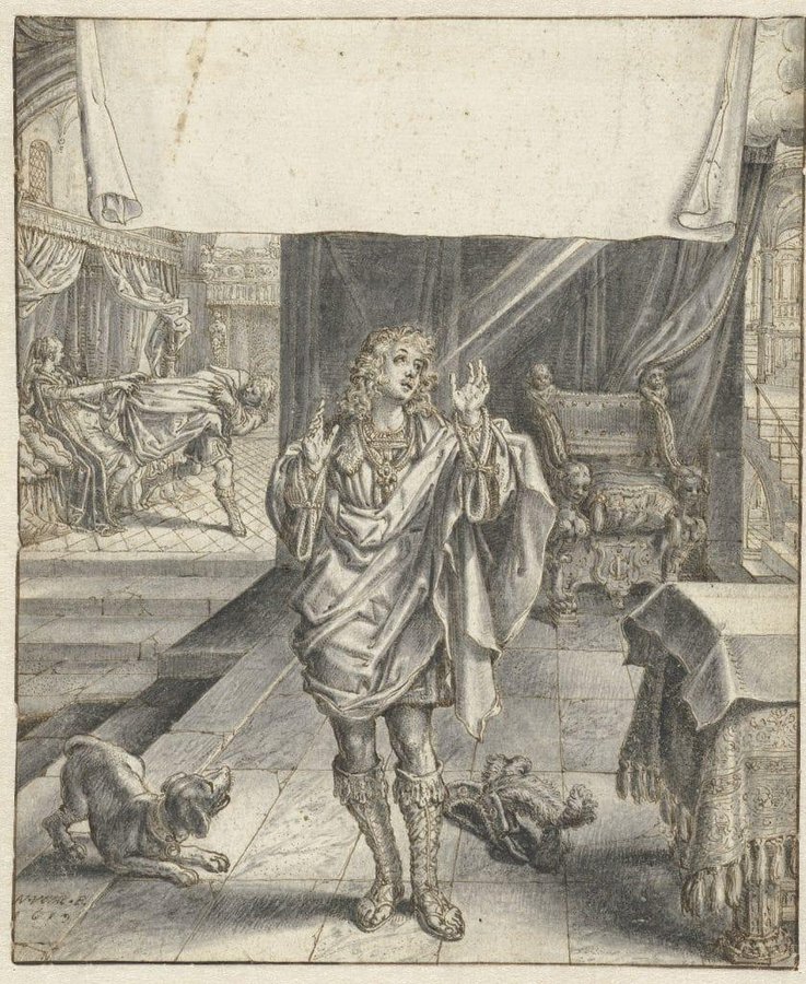 A detailed drawing by Adriaen van de Venne showing a scene in a grand interior with a young man raising his hands, a crouching dog in the foreground, and dramatic action in the background with a man being restrained by a woman on a bed