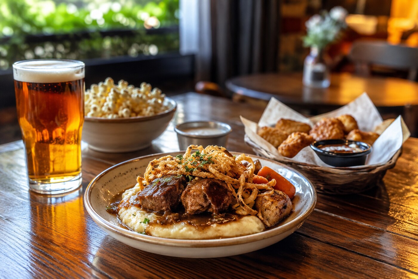 Casual pub table with a burger, fries and craft beer in warm natural light
