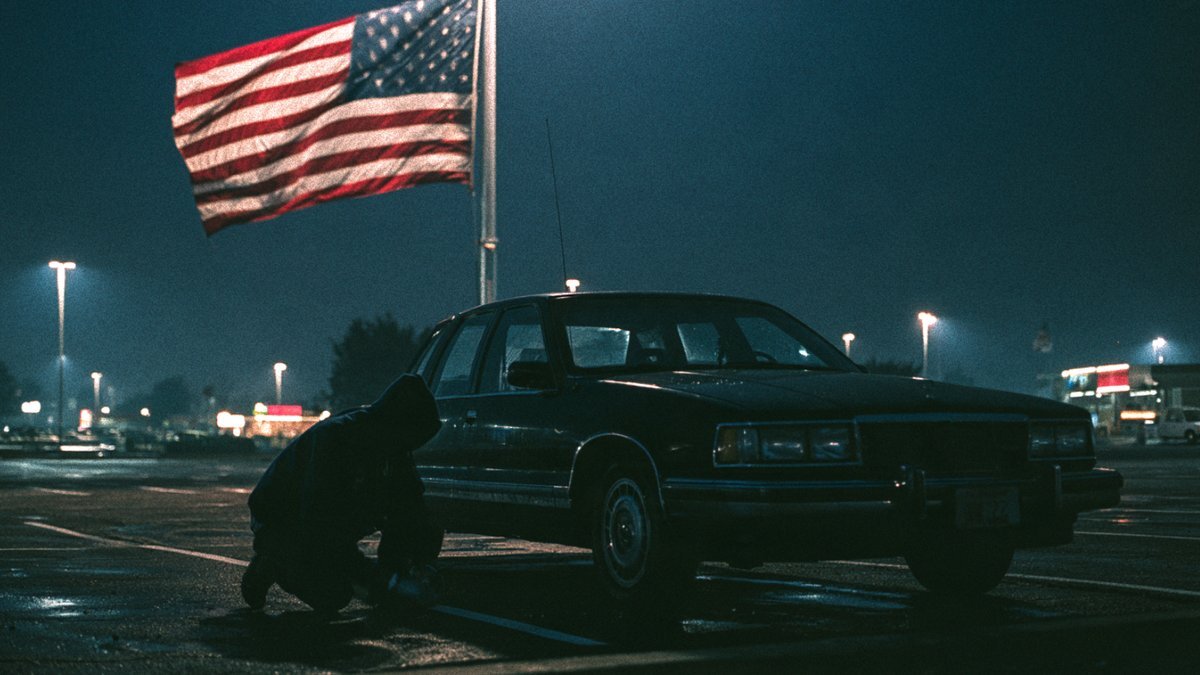 Hooded figure crouching by an old sedan in a rainy parking lot at night under an American flag