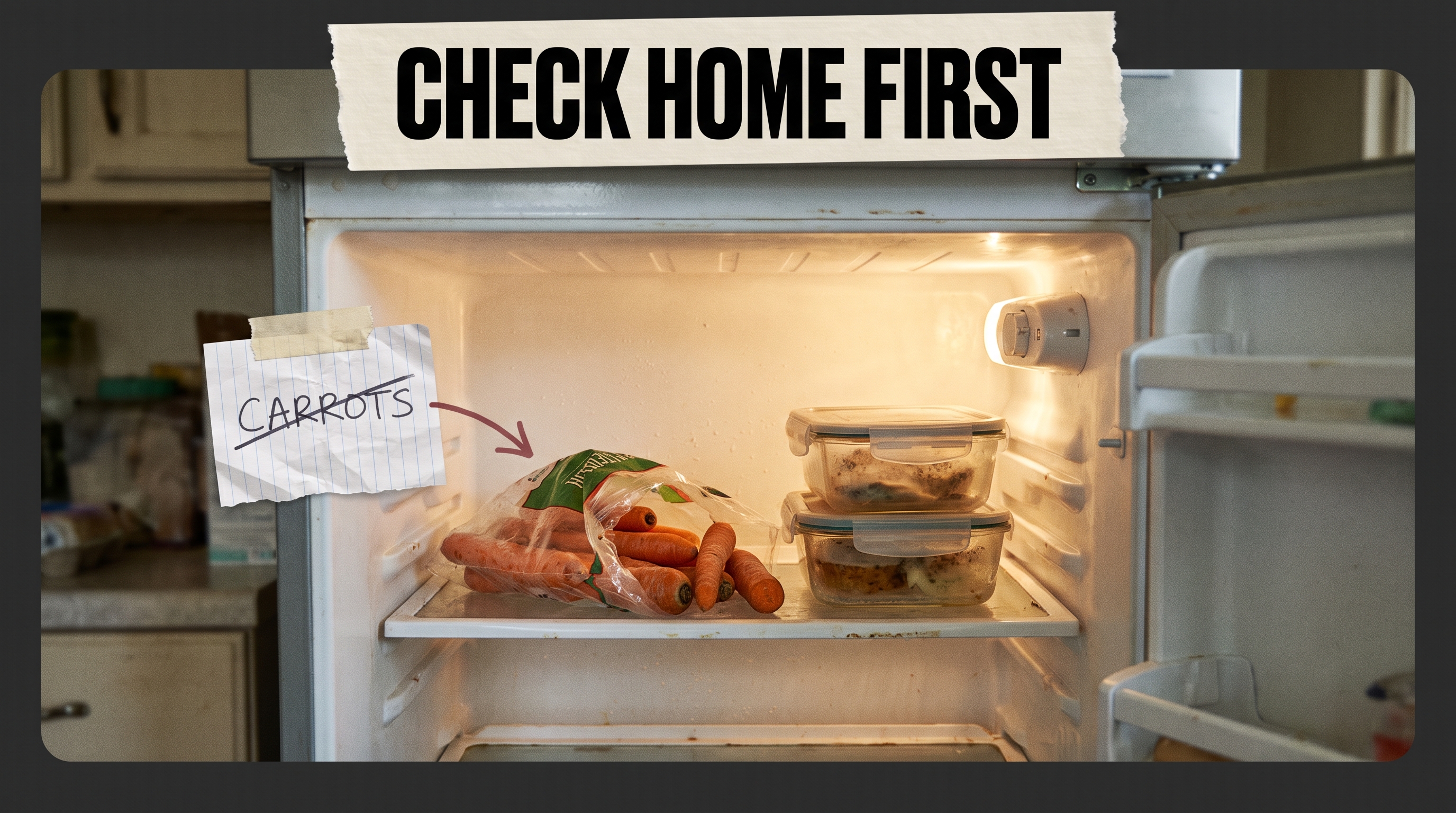 Illustration: carrots already in the fridge crossed off the shopping list.
