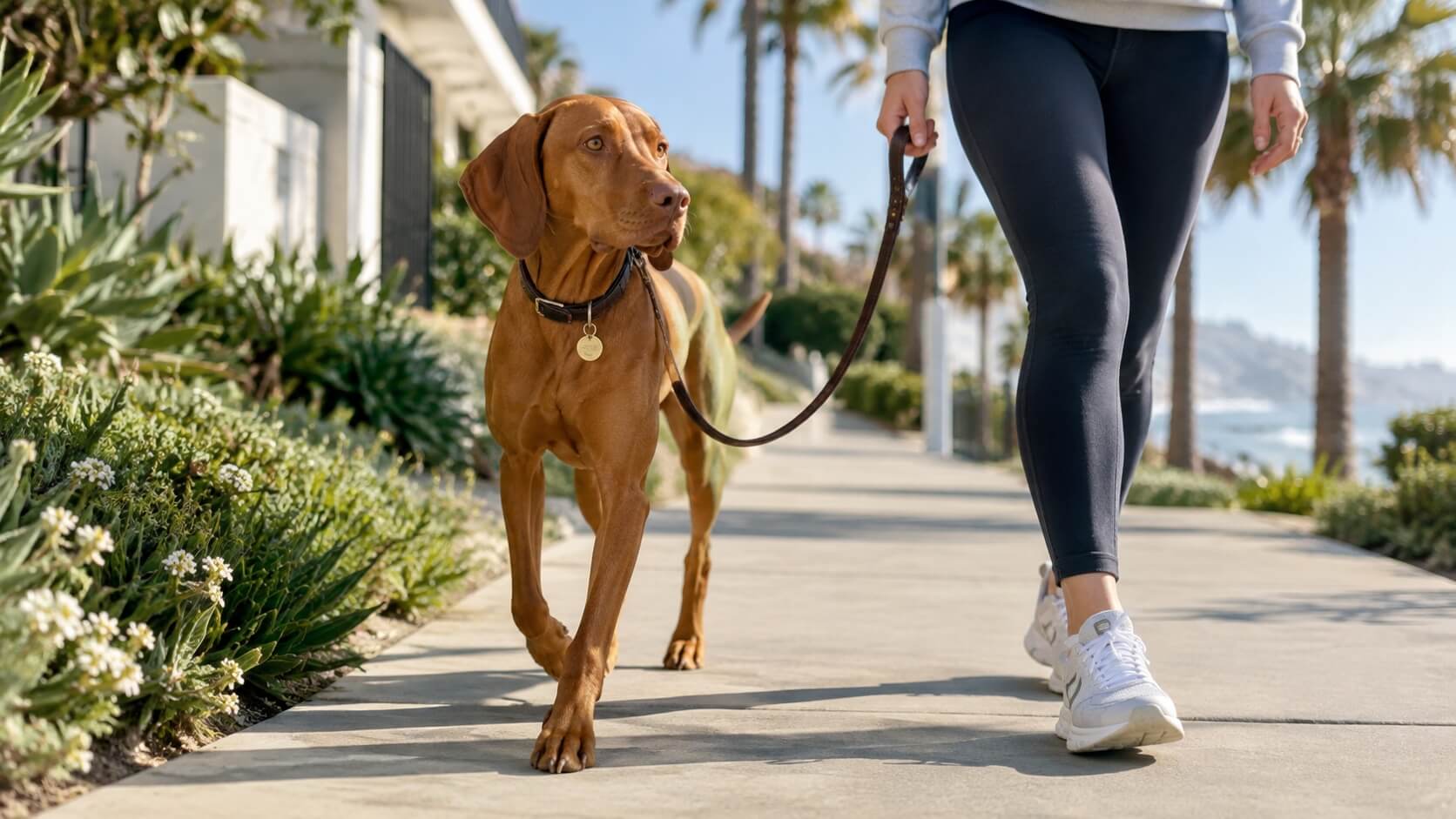 Vizsla walking calmly on a loose leash along a sunny California sidewalk, illustrating the movement part of a sniff-move-sniff dog walk.