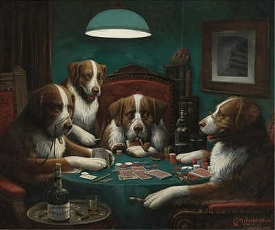 Four dogs seated around a card table under a green lamp, playing poker and smoking, in Coolidge’s Poker Game