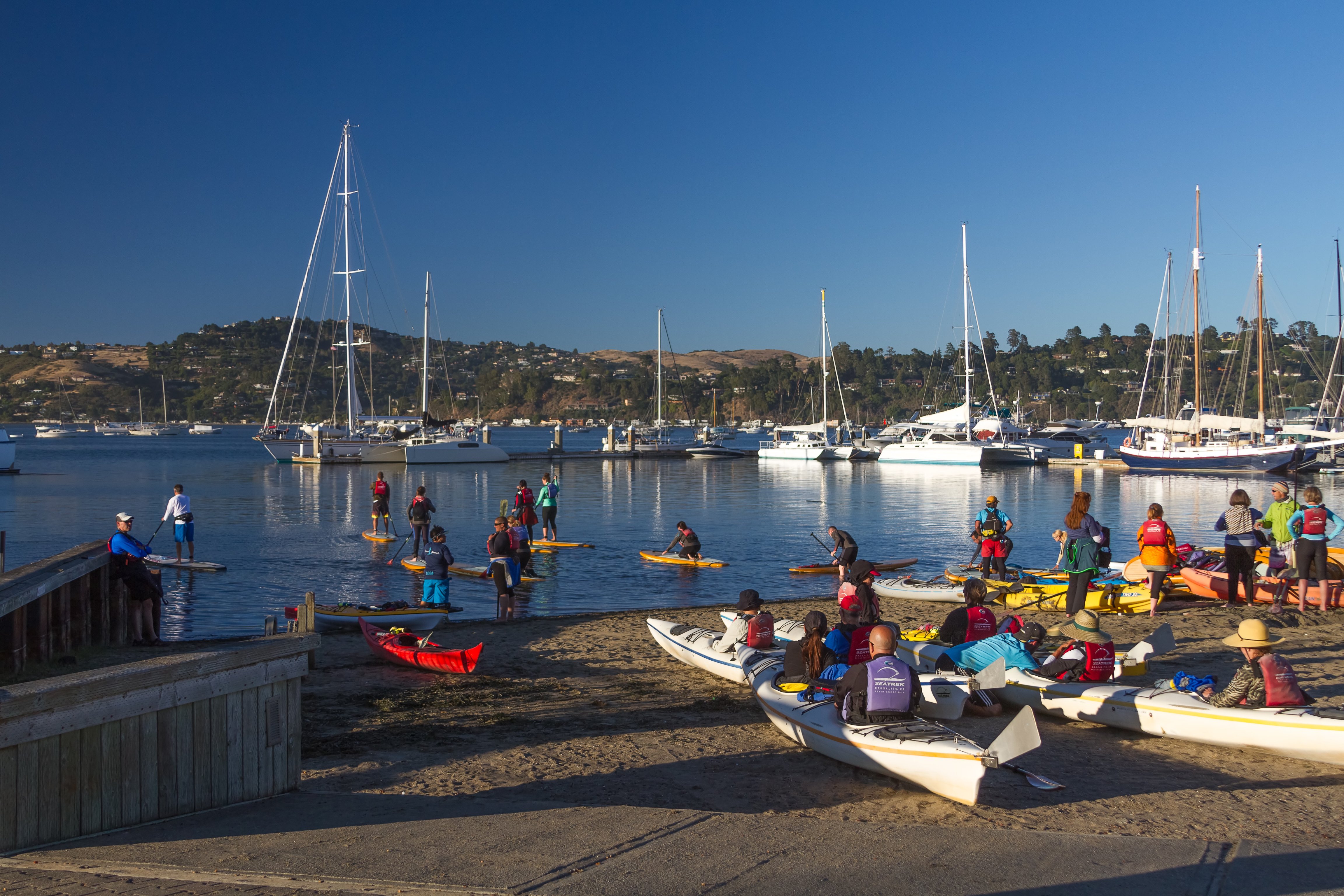 Kayakers launching beside Sausalito’s marina