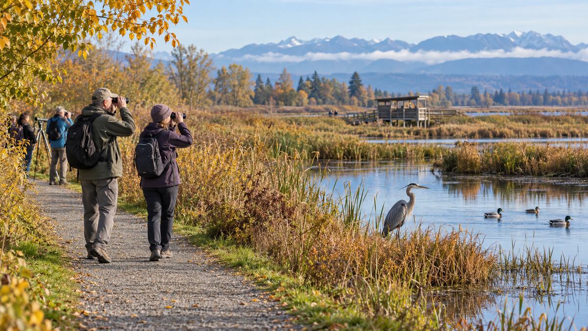 Birdwatchers walking beside autumn wetlands at Reifel Bird Sanctuary on Westham Island