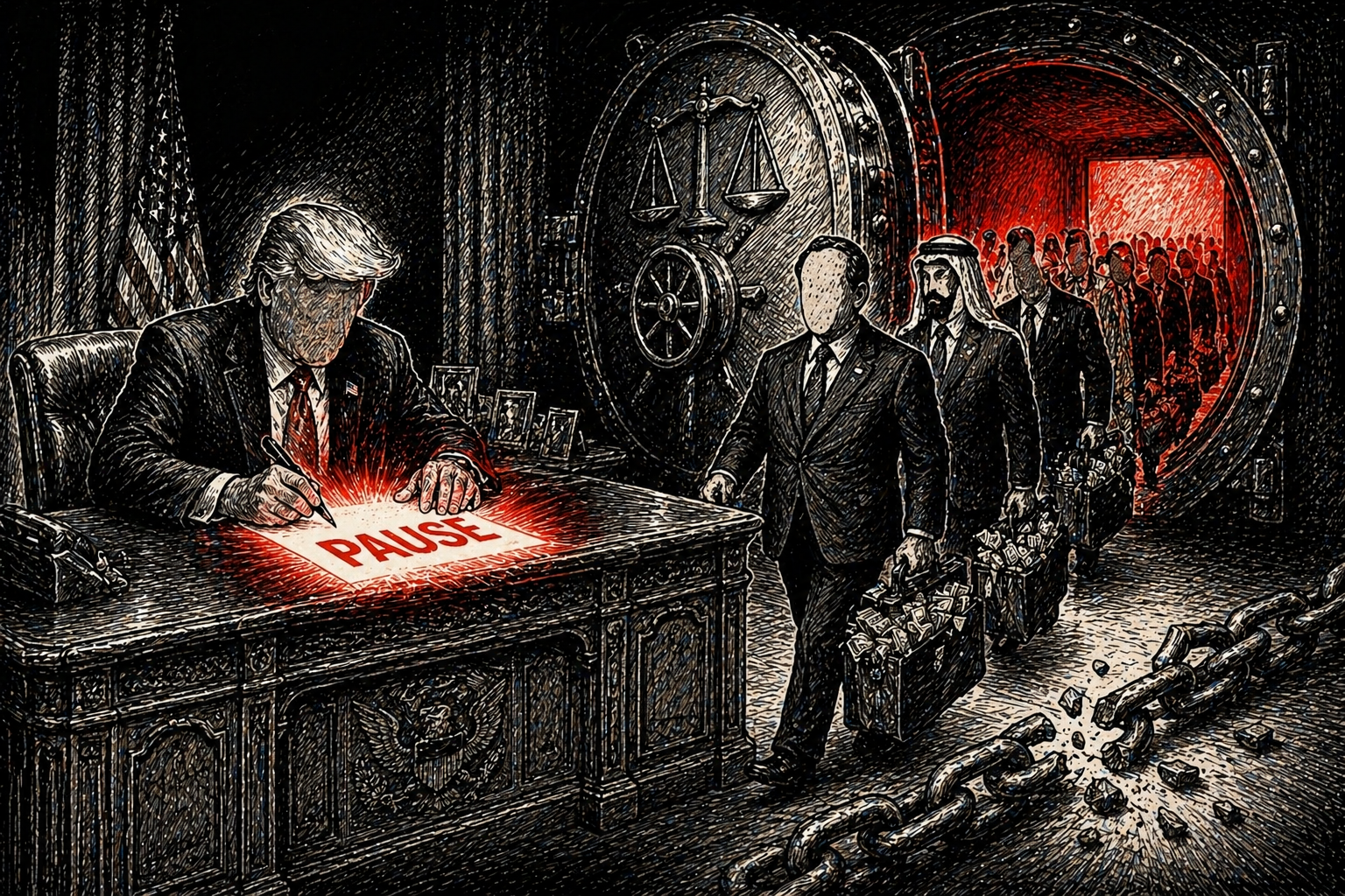 MAD Magazine-style cartoon: Trump signs executive order while foreign sovereign money floods through an open door labeled 'FCPA'