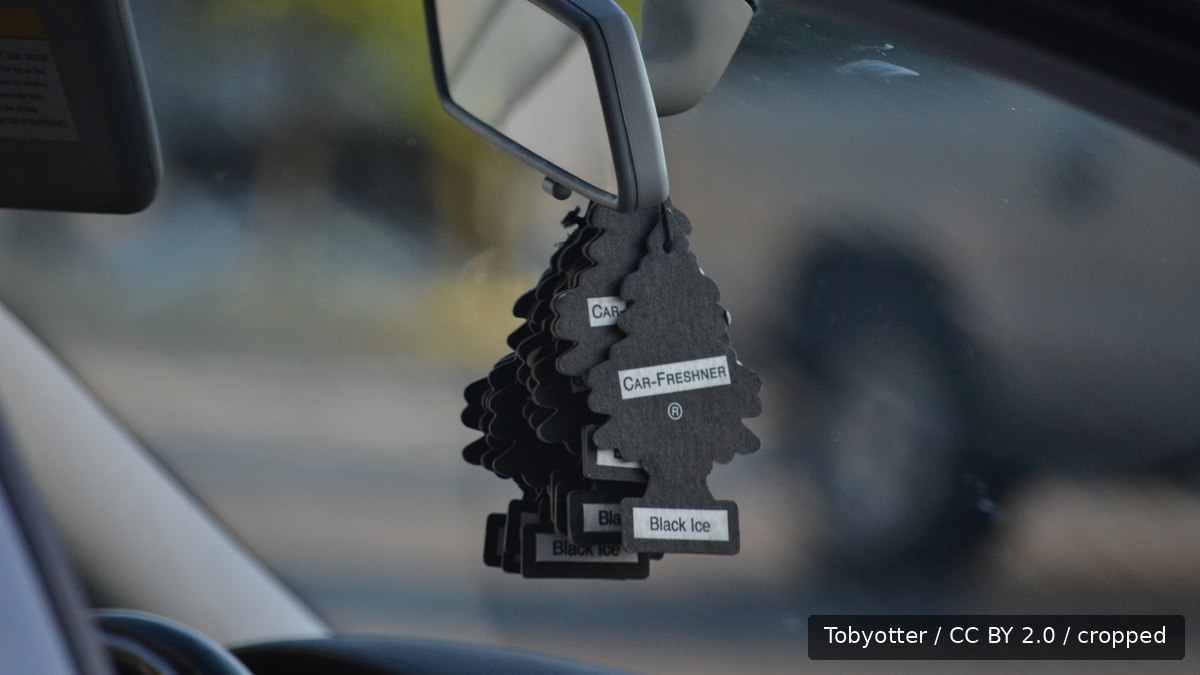 A Little Trees car air freshener hanging from a rear-view mirror