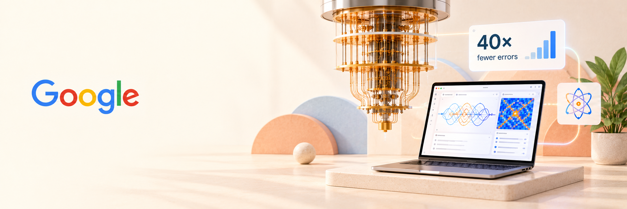 Google Quantum AI breakthrough banner showing quantum computing hardware, the Willow processor and reduced error rates