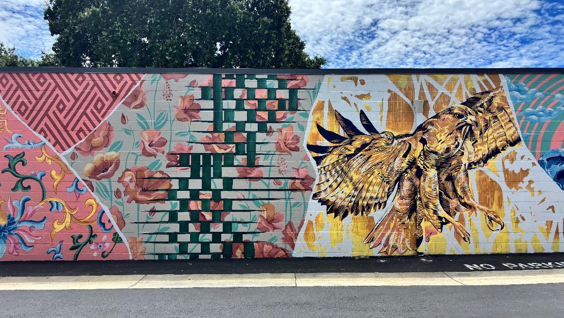 Detail of the Confluence mural by Tsui Xiao Rui and Elliot Trent Thompson in downtown Walnut Creek.