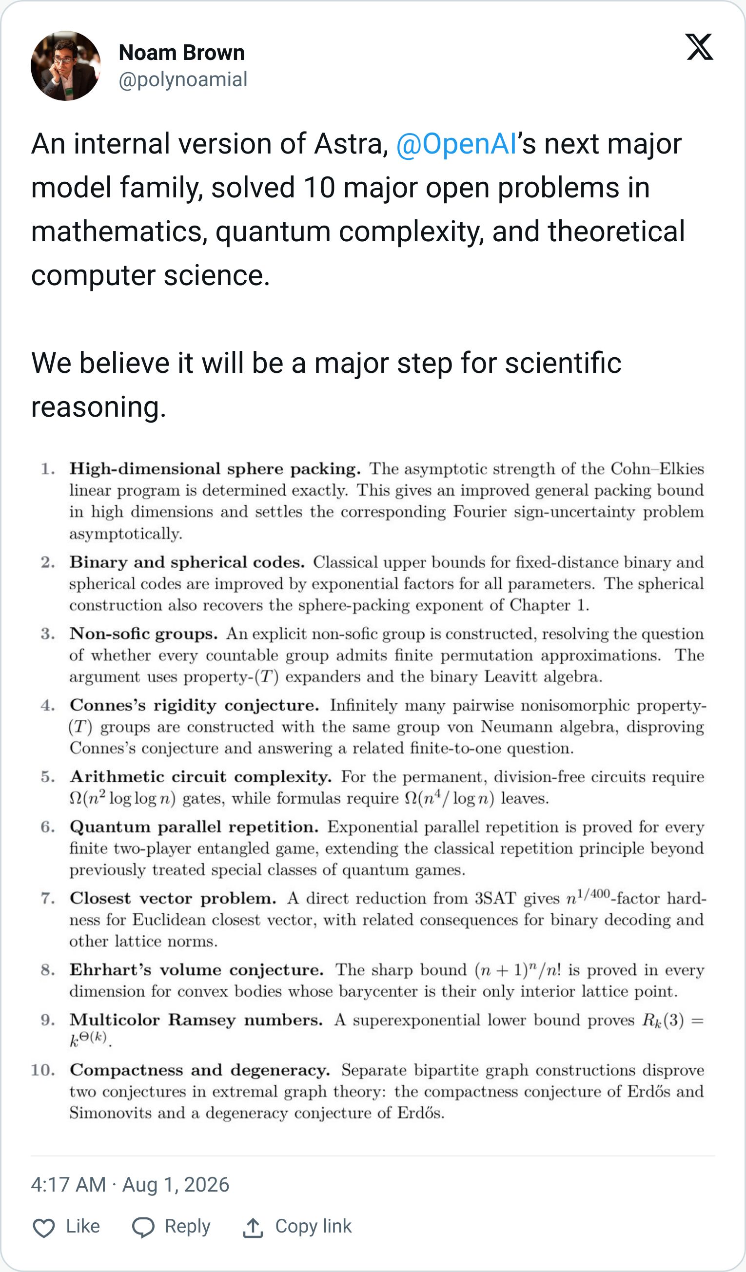 Noam Brown tweet about the ten solved math problems
