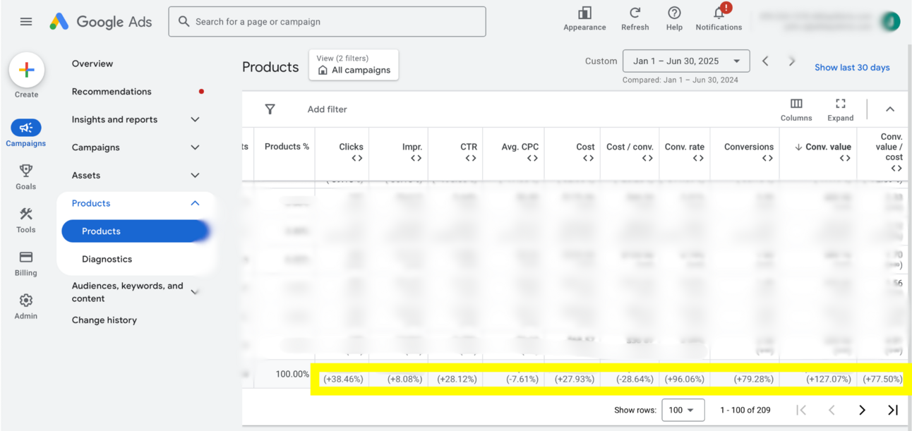 Screenshot of Google Ads showing data outlined in text above.